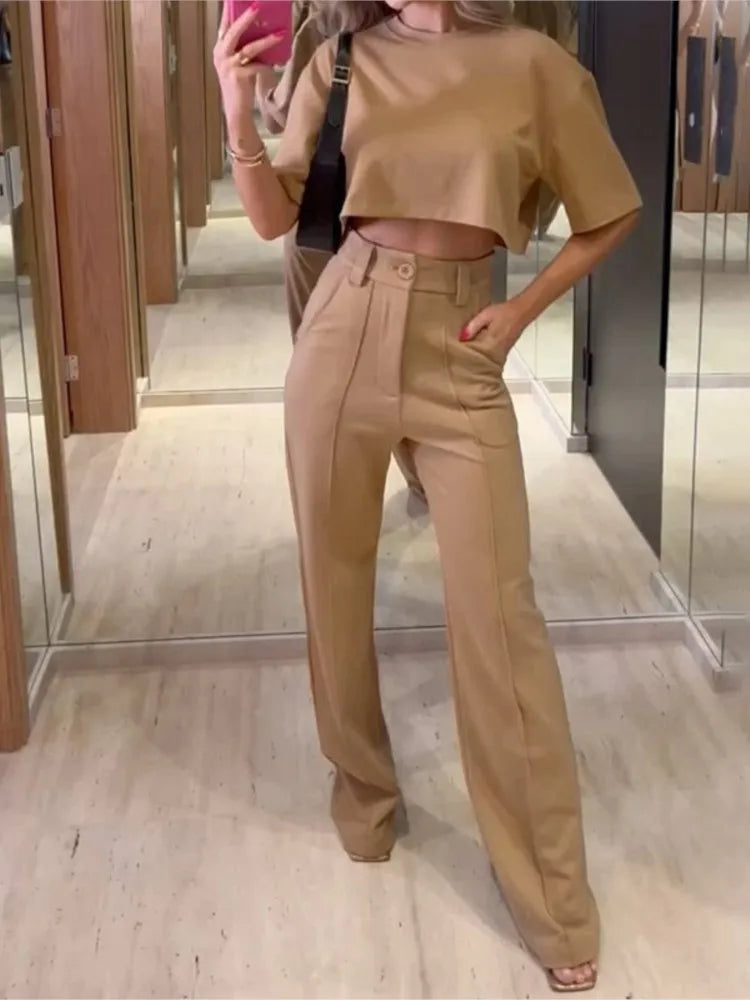 Two-Piece Set: O-Neck Cropped Top and High-Waist Straight Trousers