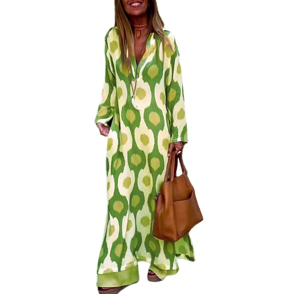 Women Maxi Dress Printing V-neck Beach Dress Hem Slit Contrast Color Maxi Dress Long Sleeves Lady Summer Dress Female Clothes - Mammalook