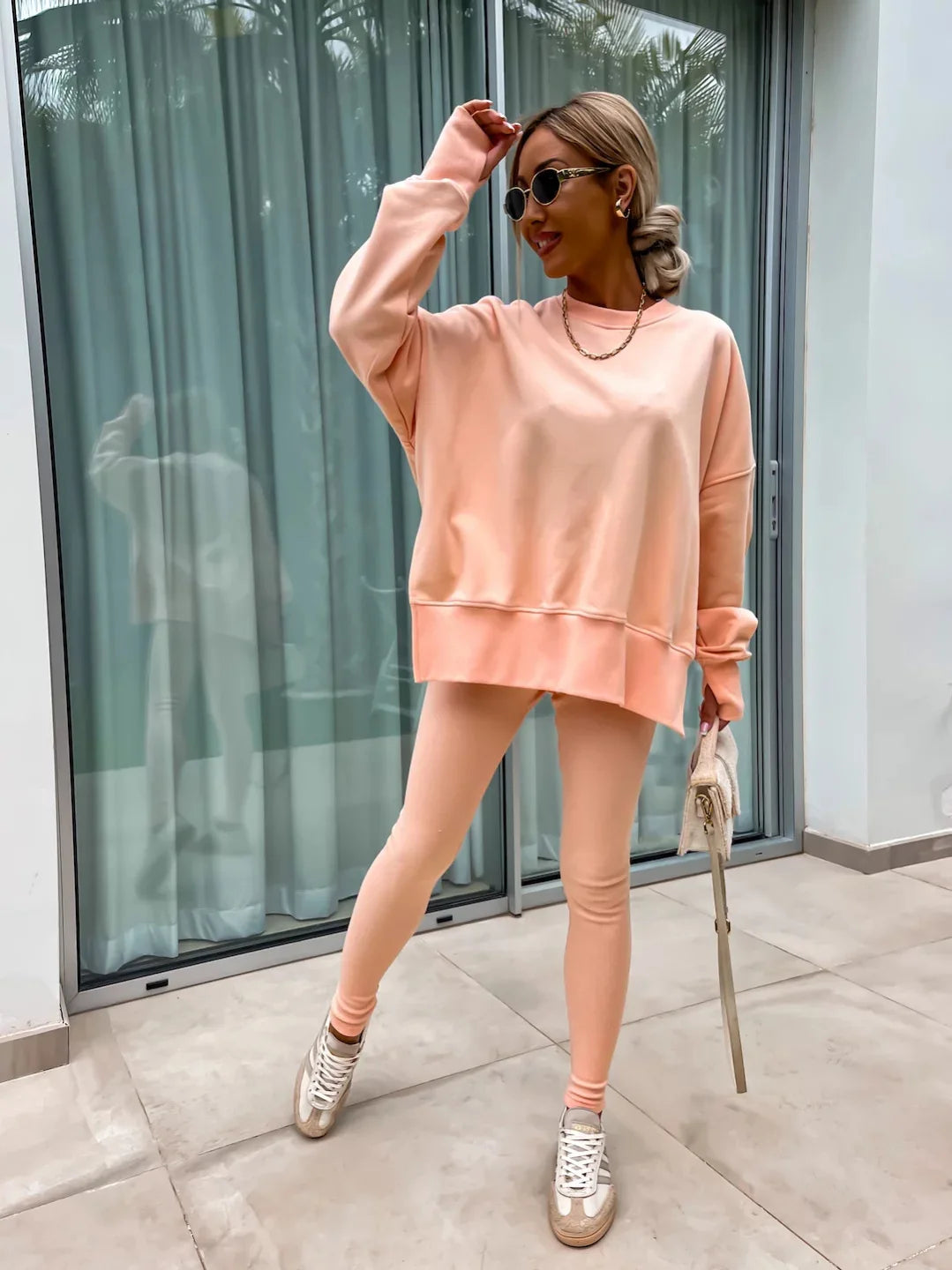 Two-Piece Tracksuit: Solid Loose Sweatshirt with Split Pullover and Pencil Pants