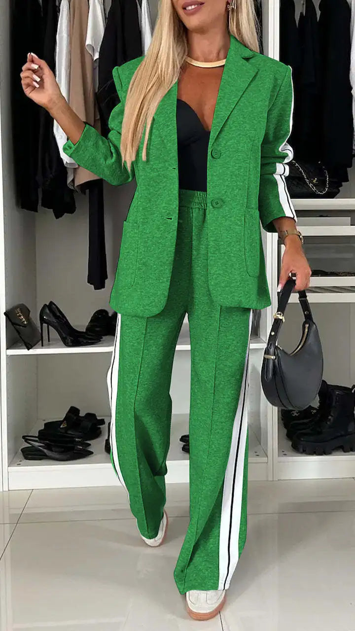 Two-Piece Set - V-neck Long Sleeve Blazer, Straight Leg Pant Sports