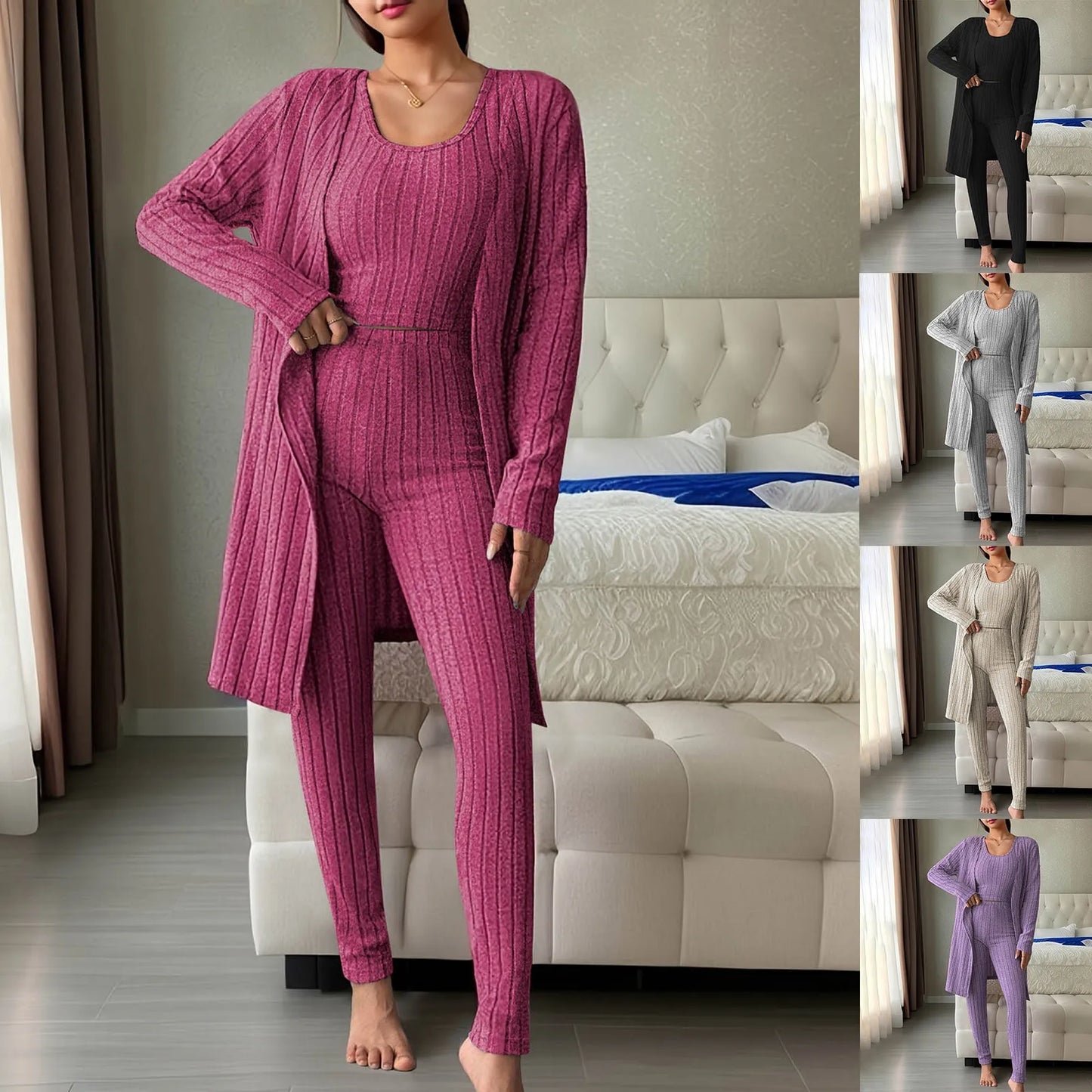 3-Piece Ribbed Knit Pajama Set