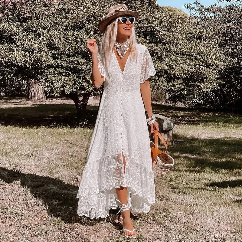Elegant Dress Women Off Shoulder Lace Patchwork Dress Casual Bohemian Deep V Neck Short Sleeve Loose Vestidos Summer Dresses - Mammalook