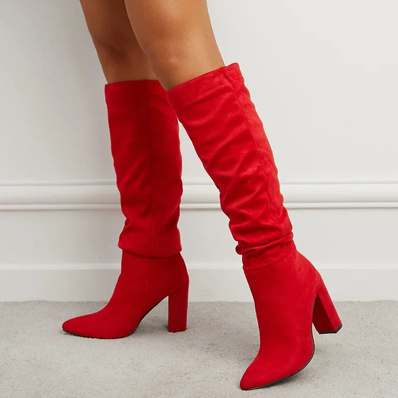 High-quality Leather/suede Pleated Knee-High Boots for Womens Sexy Pointed Toe 10CM Chunky Heels Knight Boots Winter New - Mammalook