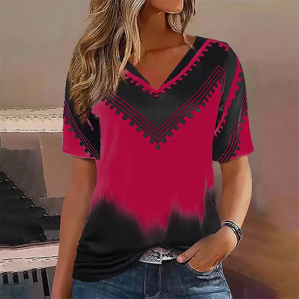 Fashion Women T Shirt Stripes Print Gradient V Neck Short Sleeve Basic Tops Streetwear Summer Oversized Clothing Female T-Shirts - Mammalook