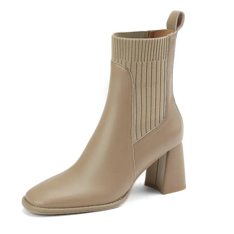 Women’s Genuine Leather Ankle Boots – Knitted High Heel Office Shoes