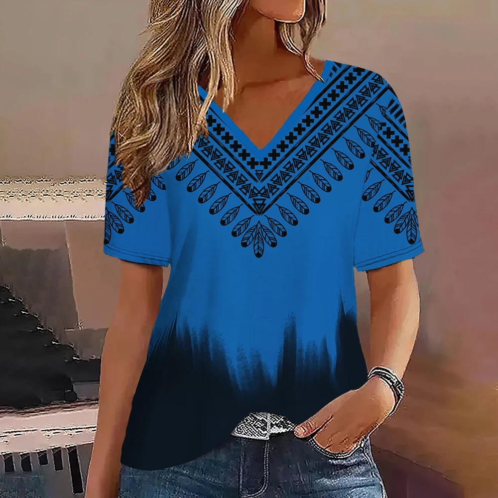 Fashion Women T Shirt Stripes Print Gradient V Neck Short Sleeve Basic Tops Streetwear Summer Oversized Clothing Female T-Shirts - Mammalook