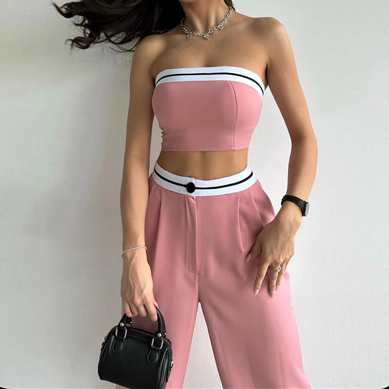 Two-Piece Solid Color Sleeveless Vest - Bra, Buttoned Pants Set