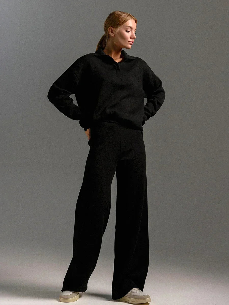 Two-Pieces Set -  Polo Neck Sweater & Wide Leg Pants Knitted Outfit