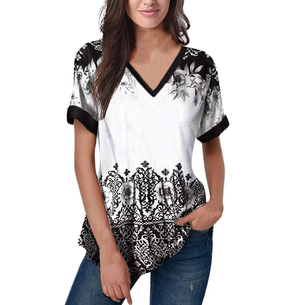 Fashion Women T Shirt Stripes Print Gradient V Neck Short Sleeve Basic Tops Streetwear Summer Oversized Clothing Female T-Shirts - Mammalook