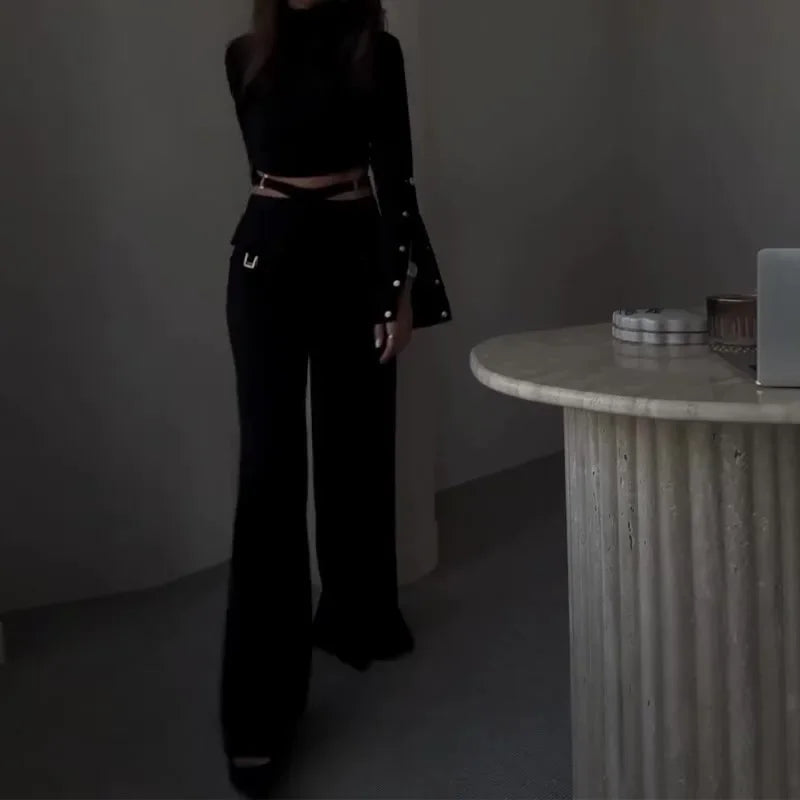 Two-Piece Sets - Turtleneck Full Sleeve Tops, Wide Leg Long Pants Loose