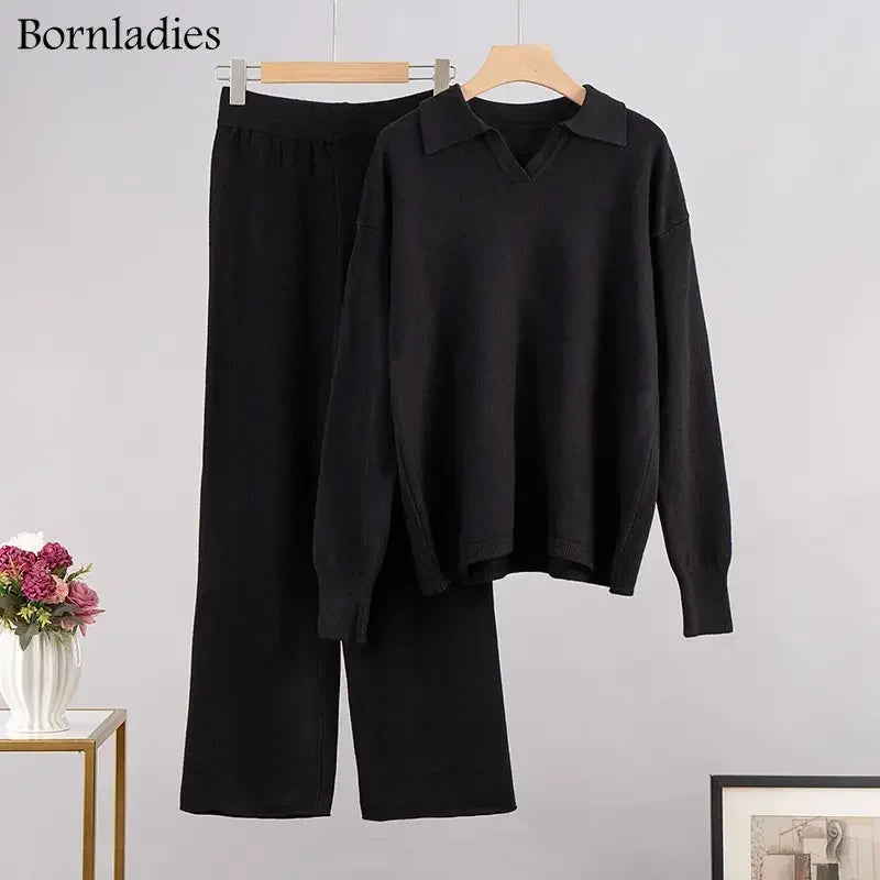 Two-Pieces Set -  Polo Neck Sweater & Wide Leg Pants Knitted Outfit