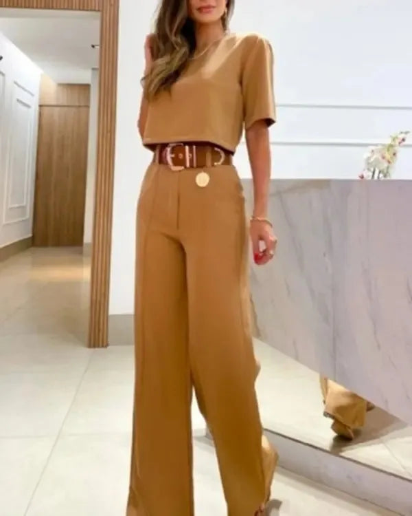 Two-Piece Set: Short Sleeve Top with Wide-Leg Long Pants