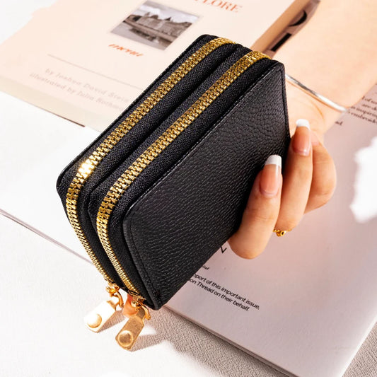 New Double Zipper Wallet Women's Short Wallet PU Leather Credit Card Holder Multi Card Slot Wallet Large Capacity Coin Bag Purse - Mammalook