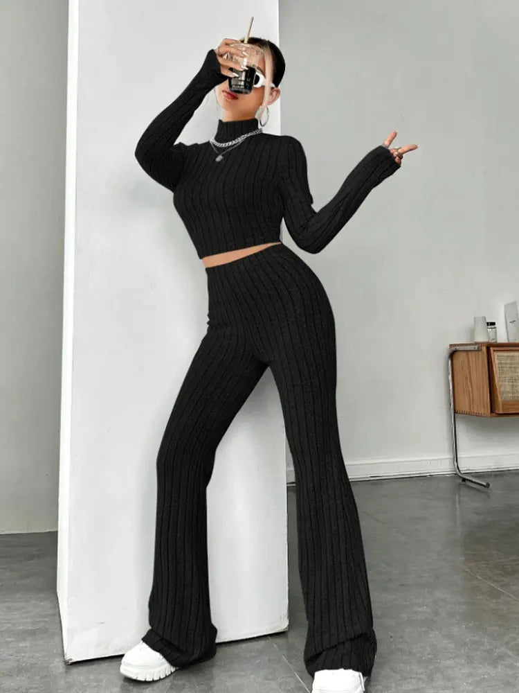 Two Piece Set - Knit Striped Long Sleeve T-Shirt and Pants