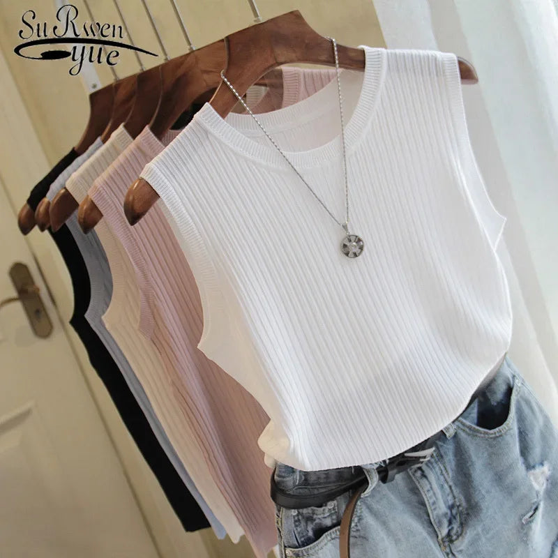 Knitted Vests Women Top O-neck Solid Tank Blusas Mujer De Moda Spring Summer New Fashion Female Sleeveless Casual Thin Tops 4588 - Mammalook