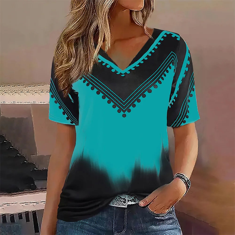 Fashion Women T Shirt Stripes Print Gradient V Neck Short Sleeve Basic Tops Streetwear Summer Oversized Clothing Female T-Shirts - Mammalook