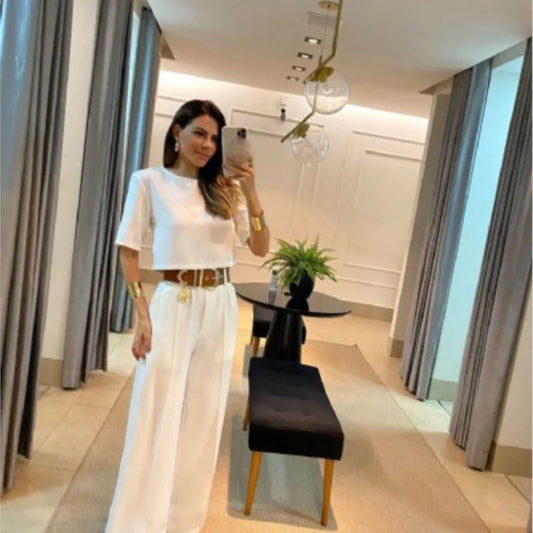 Two-Piece Set: Short Sleeve Top with Wide-Leg Long Pants