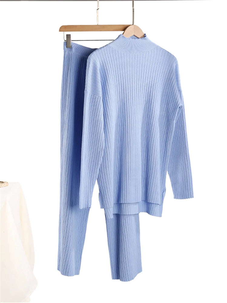 Two-Pieces Sets - Knitted Tracksuit Turtleneck Sweater and Straight Jogging Pants