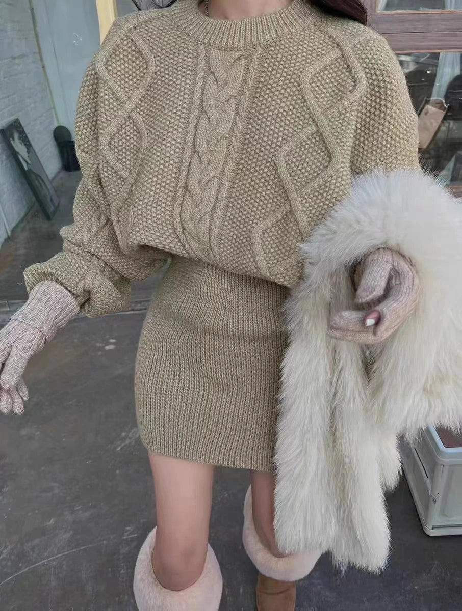 Bodycon Knit Dress Chunky Cable-knit Long Sleeve Ribbed Mini Sweater Dress Women Autumn Winter Outfit - Mammalook