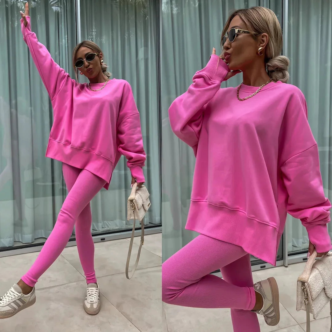 Two-Piece Tracksuit: Solid Loose Sweatshirt with Split Pullover and Pencil Pants
