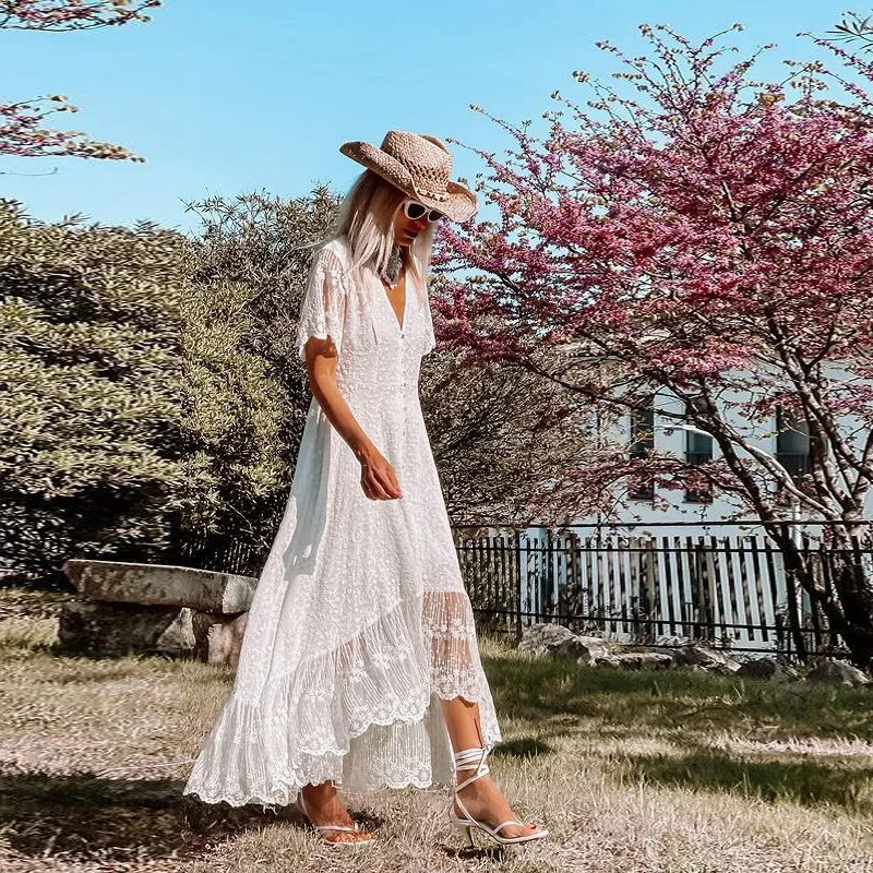 Elegant Dress Women Off Shoulder Lace Patchwork Dress Casual Bohemian Deep V Neck Short Sleeve Loose Vestidos Summer Dresses - Mammalook