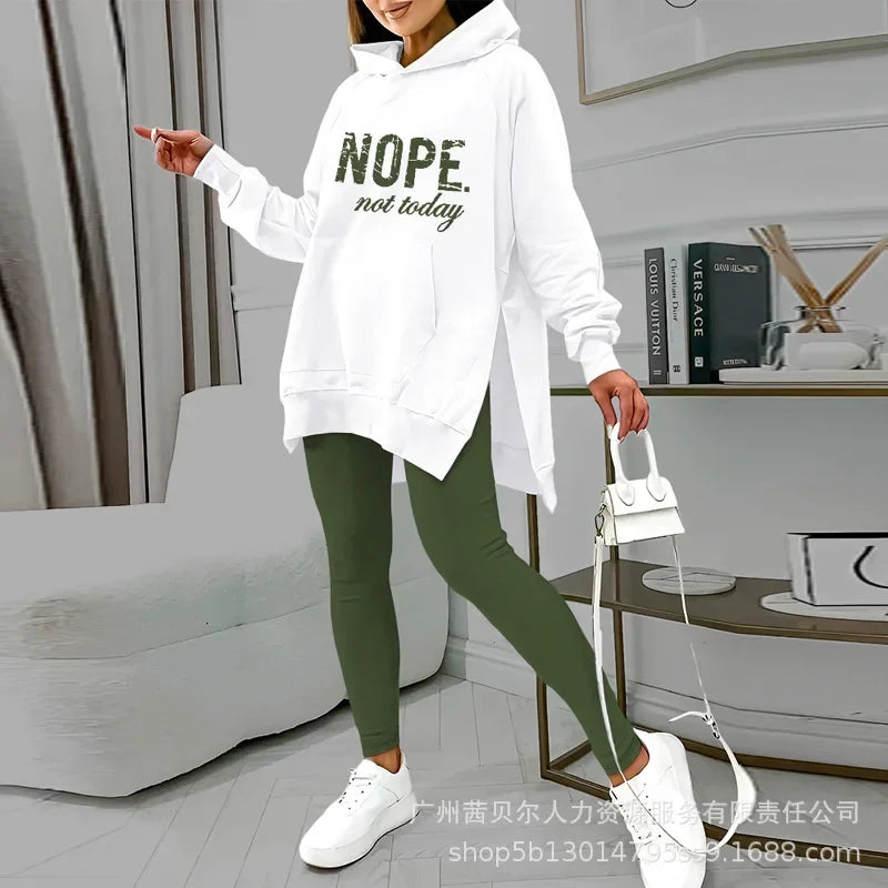 Two-Piece Set: Hooded Sweatshirt with Pocket Slit Sweater Top and Skinny Pencil Pants