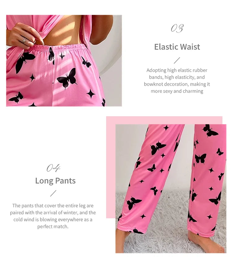 Pajamas Sets - Short Sleeve Tops With Pants Set Butterfly Printing