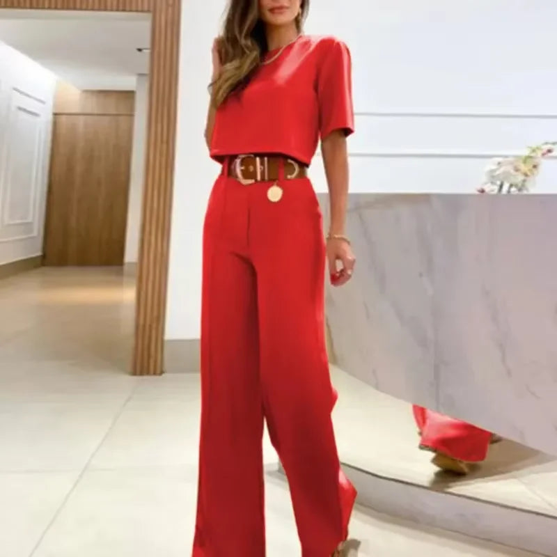 2-Piece Set: Wide-Leg Pants and Short-Sleeve Blouse
