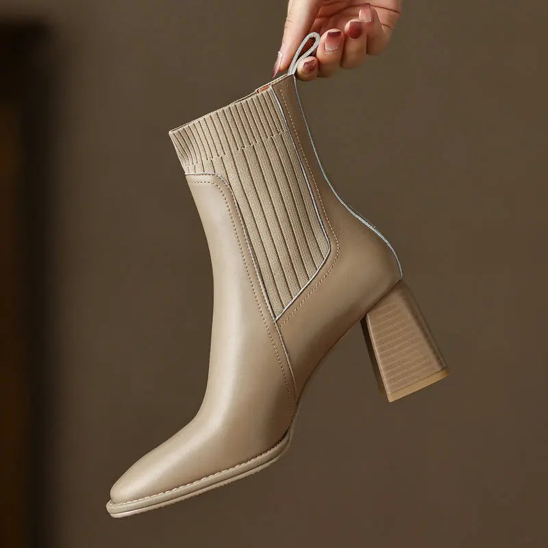 Women’s Genuine Leather Ankle Boots – Knitted High Heel Office Shoes