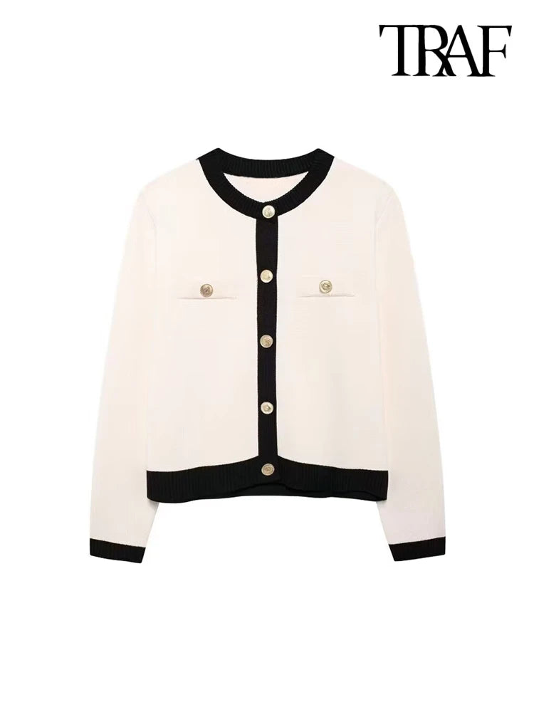 Knitted Cardigan with Golden Button, O-Neck Long-Sleeve