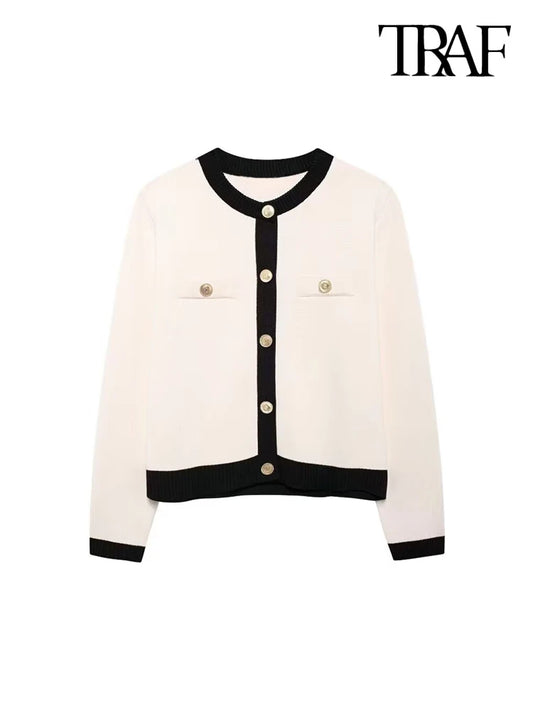 Knitted Cardigan with Golden Button, O-Neck Long-Sleeve