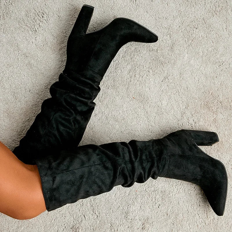 High-quality Leather/suede Pleated Knee-High Boots for Womens Sexy Pointed Toe 10CM Chunky Heels Knight Boots Winter New - Mammalook