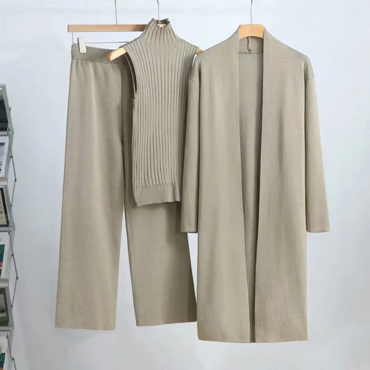 3-Piece Knitted Set: Sleeveless Vest, Cardigan Coat, and Pants