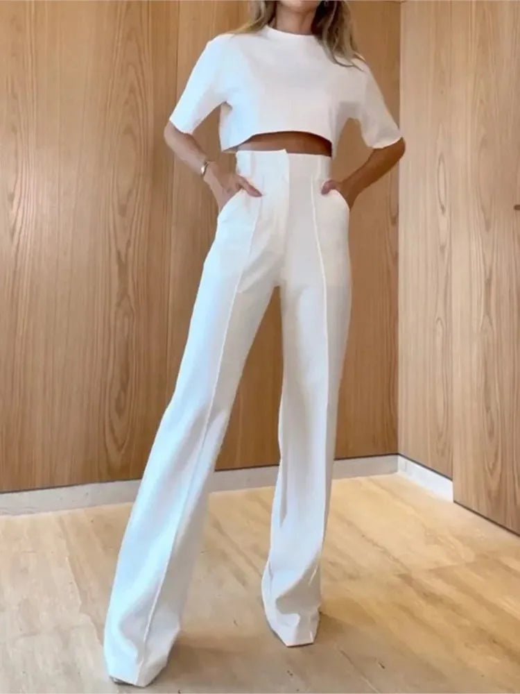 Two-Piece Set: O-Neck Cropped Top and High-Waist Straight Trousers