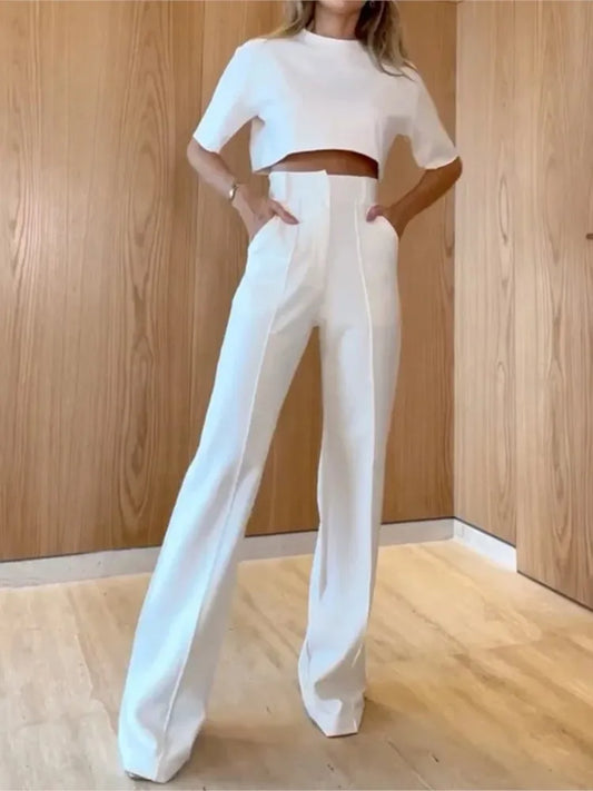 Two-Piece Set: O-Neck Cropped Top and High-Waist Straight Trousers