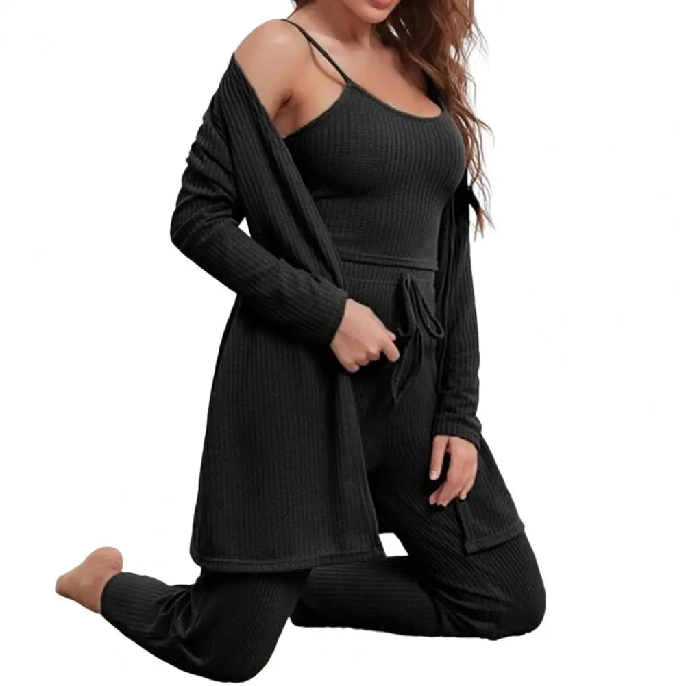 3-Piece Set - Sleeveless Tank Crop Top With Leg Waist Pants + Long Sleeve Cardigan Coat