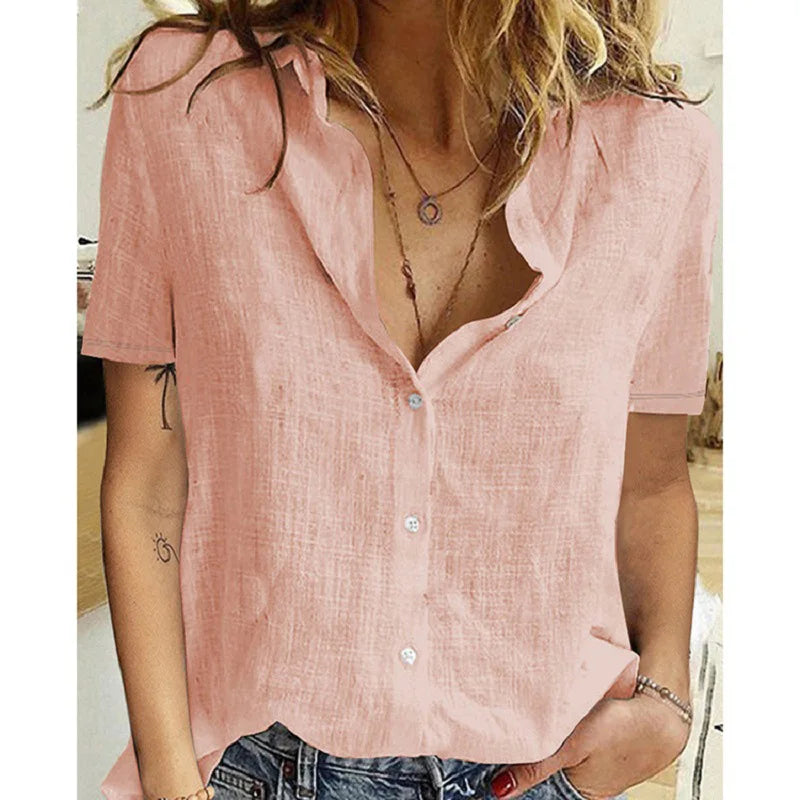 Linen Oversized Shirt - Short Sleeve, Loose Blouse