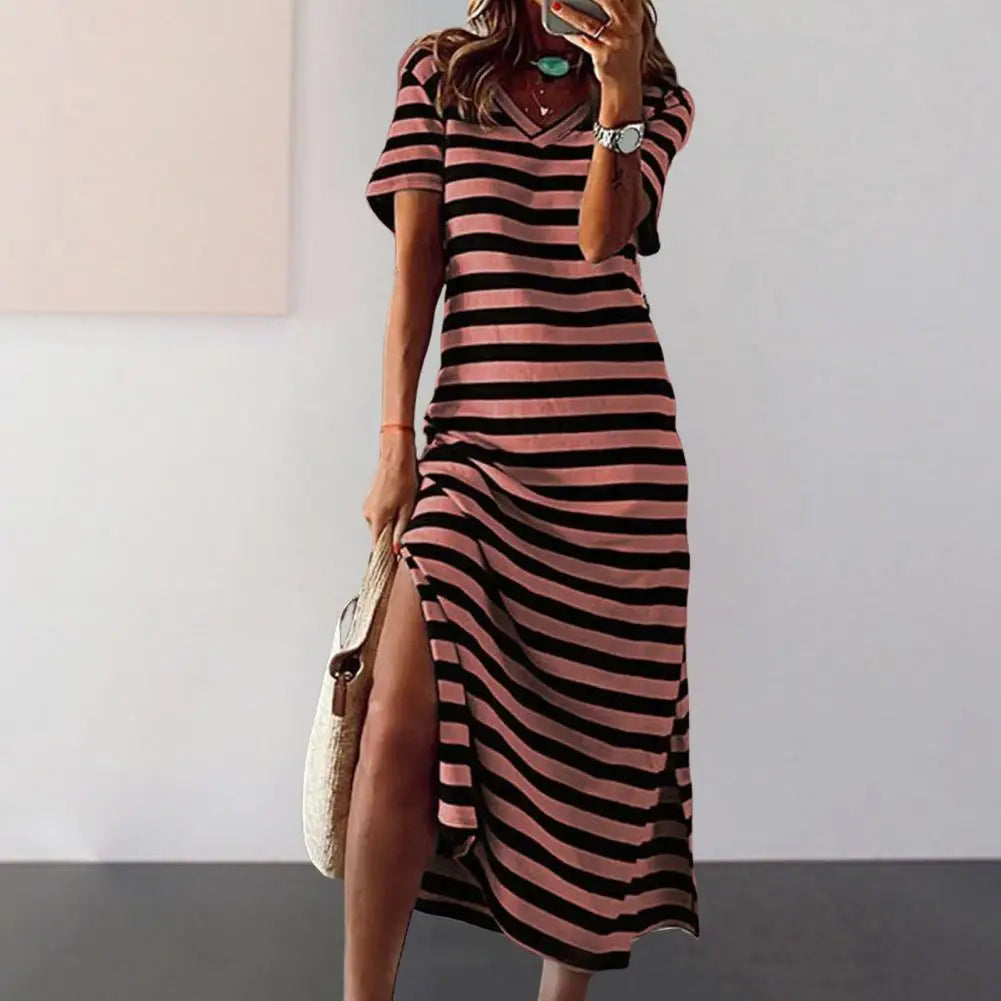 Summer Dresses 2024 Woman Plus Size Dresses For Women Casual Stripe Print V-neck Short Sleeve Loose Long Dress Robe Femme - Mammalook