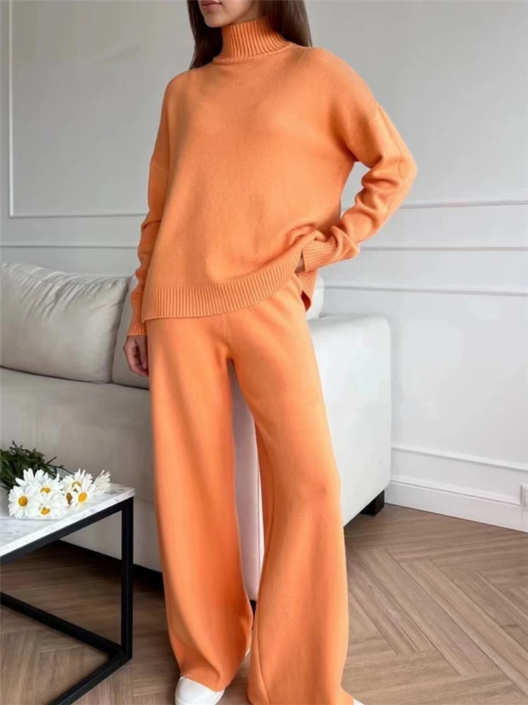 Two-Pieces Sets - Knitted Tracksuit Turtleneck Sweater and Straight Jogging Pants