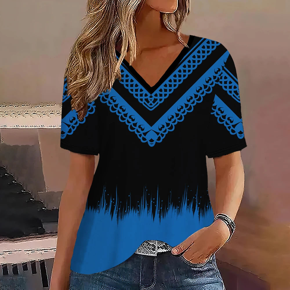 Fashion Women T Shirt Stripes Print Gradient V Neck Short Sleeve Basic Tops Streetwear Summer Oversized Clothing Female T-Shirts - Mammalook