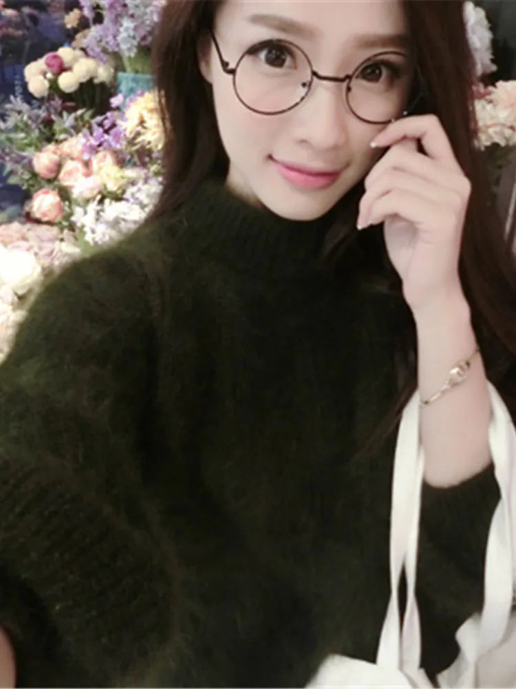 White Mohair Thicken Turtleneck Sweater Autumn Winter Sweet Fashion Lantern Sleeve Casual Solid Color Pullover pull femme - Mammalook