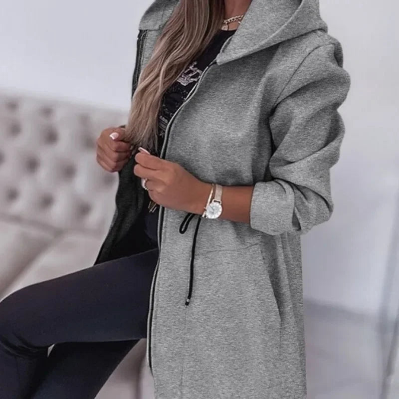Hooded Zipper Coat - Long Section Pockets