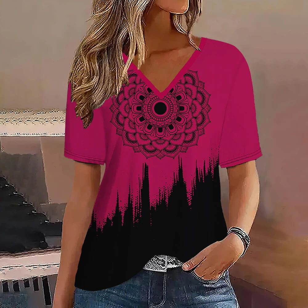Fashion Women T Shirt Stripes Print Gradient V Neck Short Sleeve Basic Tops Streetwear Summer Oversized Clothing Female T-Shirts - Mammalook