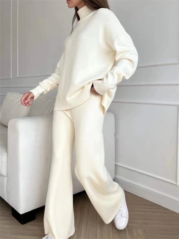 Two-Pieces Sets - Knitted Tracksuit Turtleneck Sweater and Straight Jogging Pants