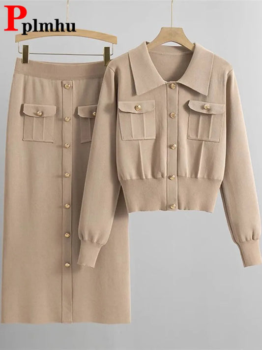 2-Piece Knit Set: Lapel Cropped Knitwear Pullover Top with Wrap-Style Ankle-Length Skirt Tracksuit