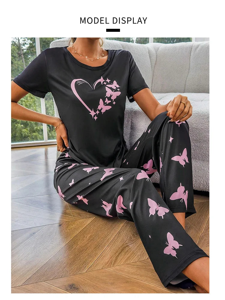 Pajamas Sets - Short Sleeve Tops With Pants Set Butterfly Printing