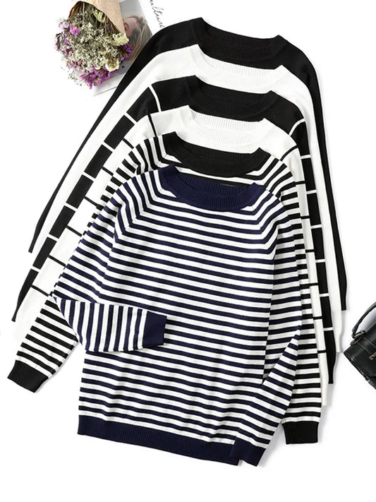 Womens Long Sleeve Striped Pullover O-Neck - Mammalook