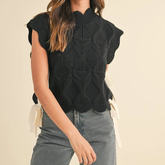 Sleeveless Plaid Knit Turtleneck Sweater