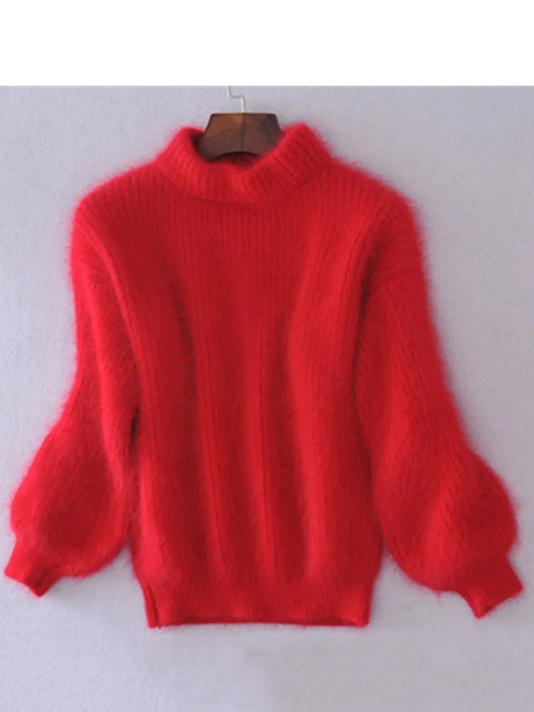 White Mohair Thicken Turtleneck Sweater Autumn Winter Sweet Fashion Lantern Sleeve Casual Solid Color Pullover pull femme - Mammalook