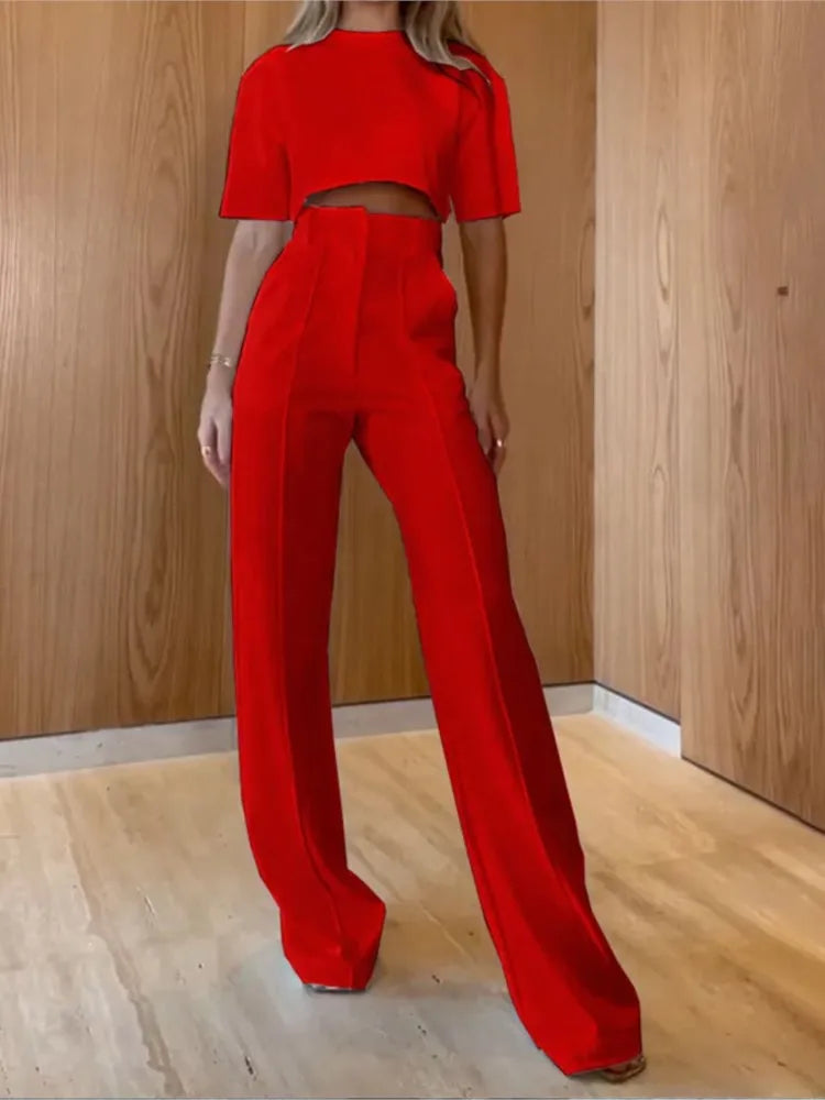 Two-Piece Set: O-Neck Cropped Top and High-Waist Straight Trousers